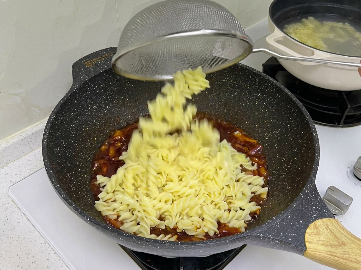 Rotini cotti trasferiti direttamente nella padella con il manzo usando uno scolapasta.