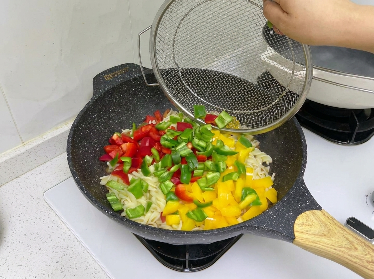 Peperoni colorati aggiunti nel wok con pasta, manzo e salsa.