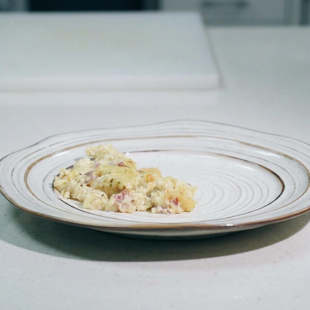 Pasta in una pirofila da forno coperta da uno strato uniforme di formaggio grattugiato.