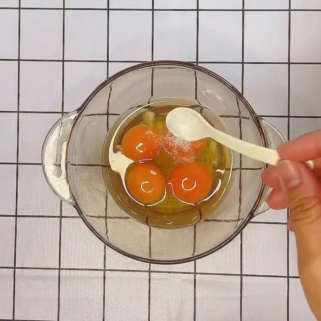 Gli ingredienti per la salsa, tra cui uova, sale, pepe e formaggio grattugiato, raccolti in una ciotola di vetro.