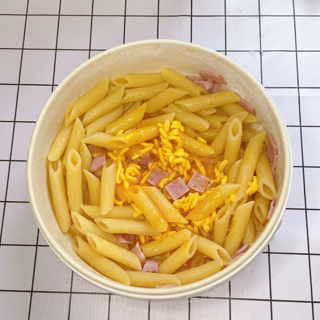 Una padella contenente penne e bacon con sopra versato il ricco composto di uova e formaggio.