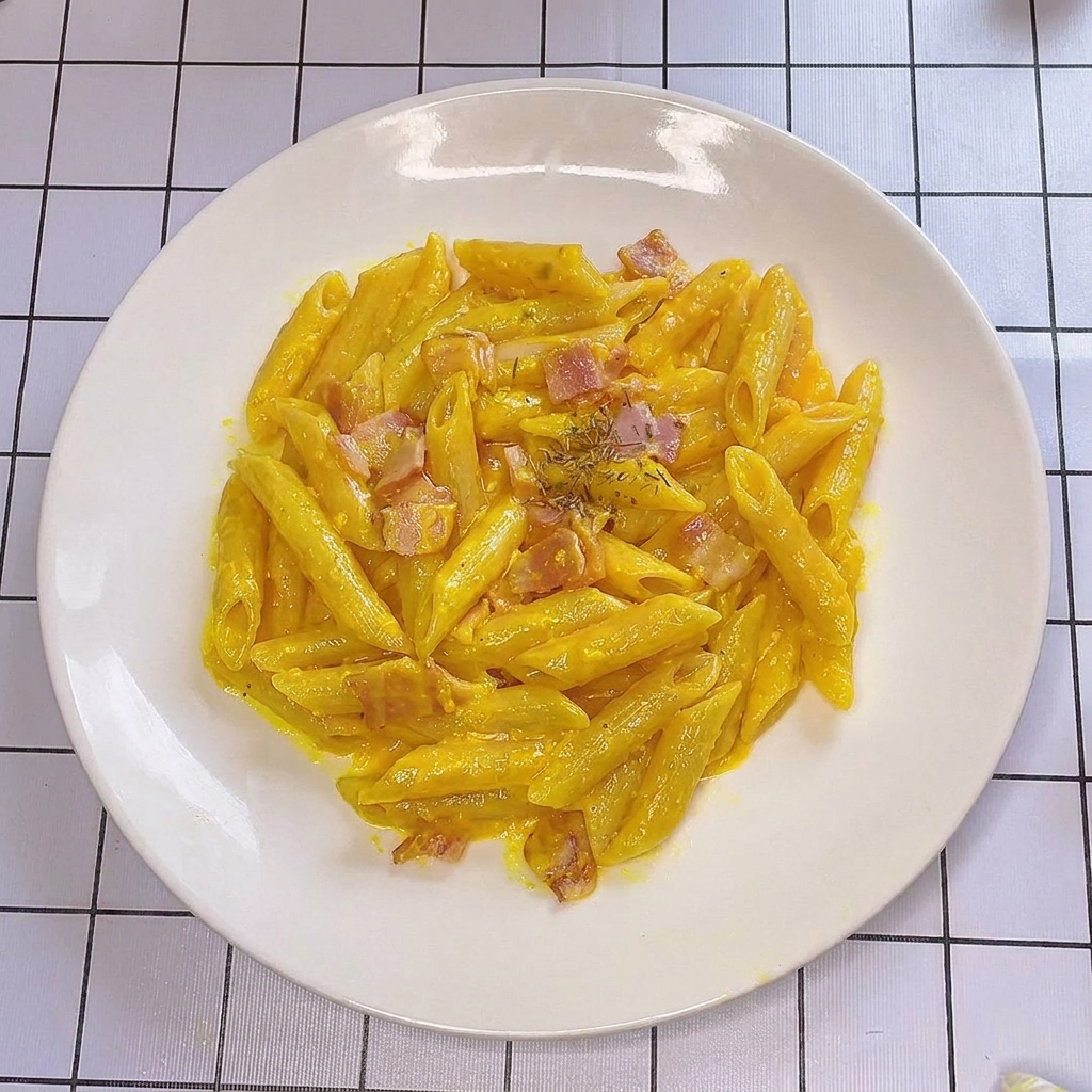 Un piatto di pasta carbonara guarnito con una spolverata di erbe essiccate.