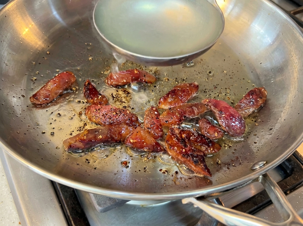 Acqua della pasta versata nella padella con il guanciale.