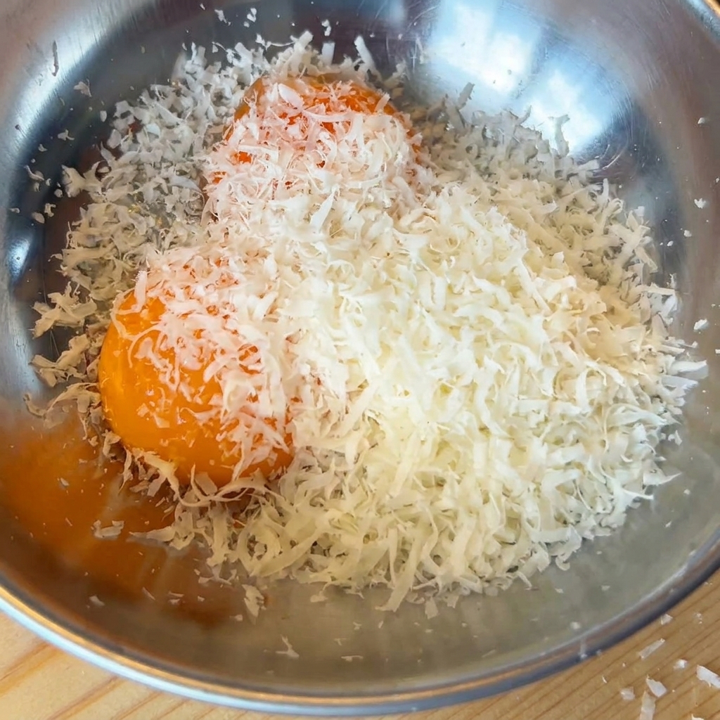 Tuorli e formaggio grattugiato in una ciotola.