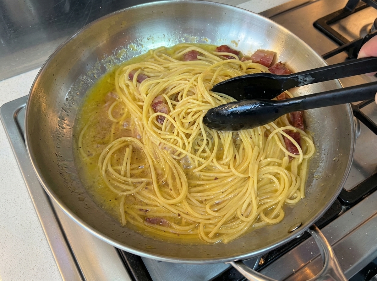 Spaghetti saltati in padella con il guanciale.