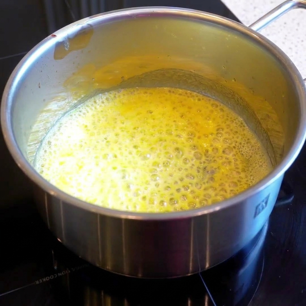 Panna e latte mescolati nel roux allinterno di una pentola sul fornello.
