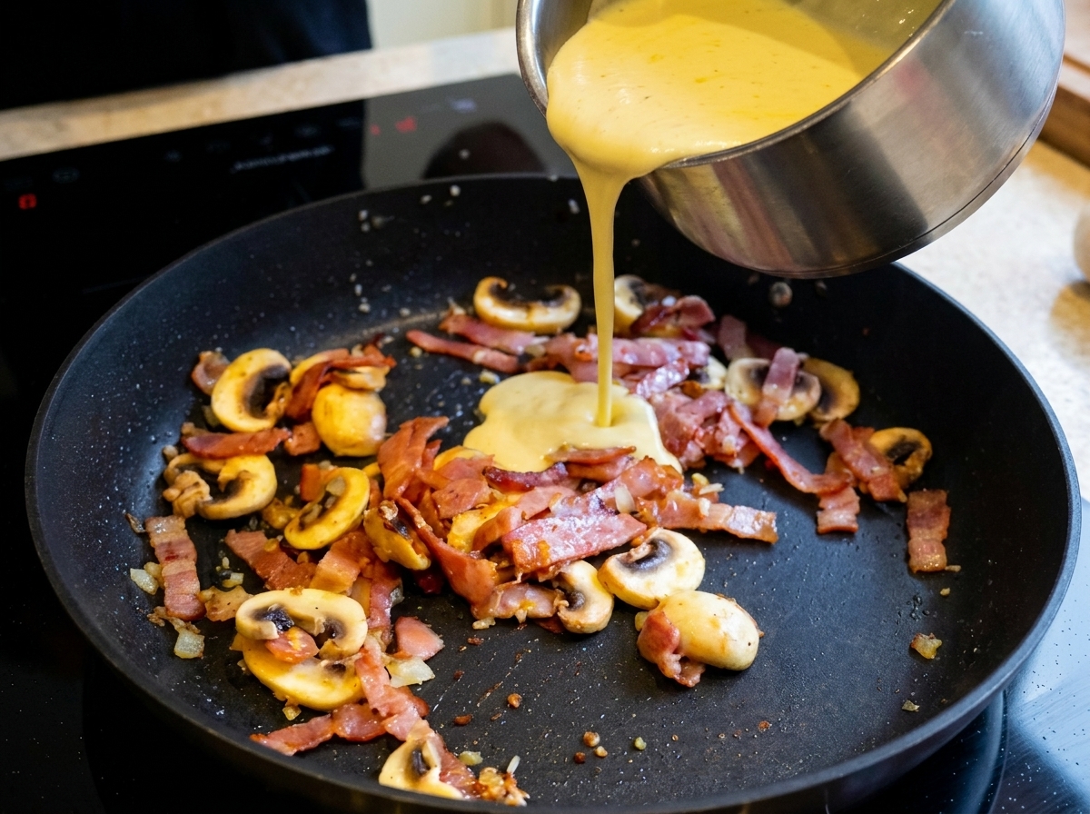Salsa bianca cremosa versata nella padella con pancetta e funghi.