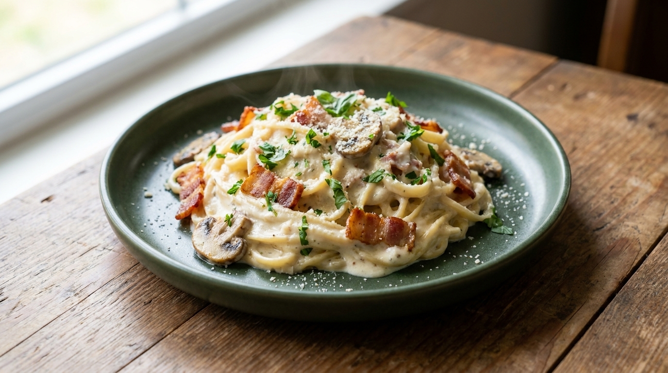 Un piatto fumante di pasta cremosa con pancetta e funghi, condito con una salsa vellutata.