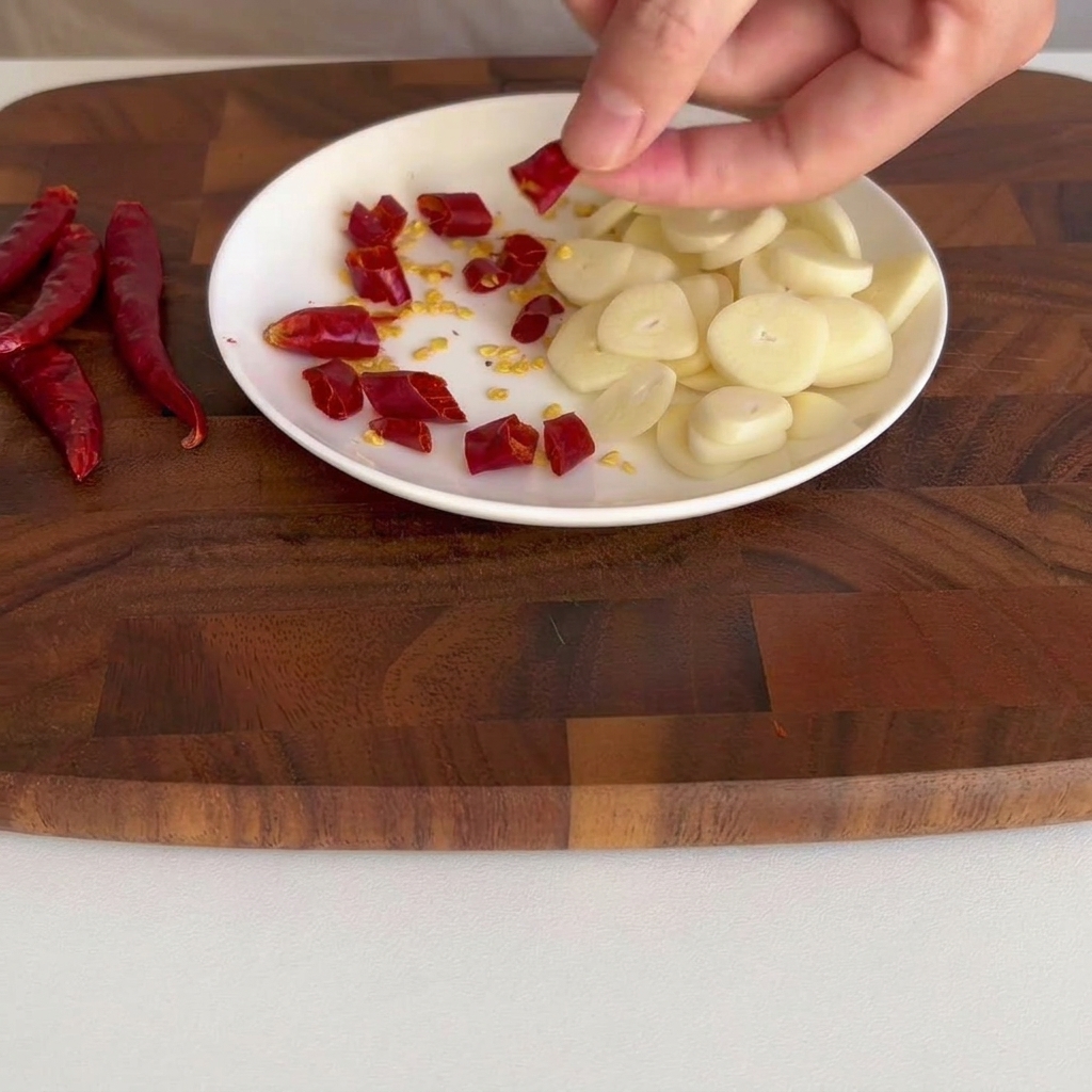 Piccoli segmenti di peperoncino secco sparsi su un piattino bianco.