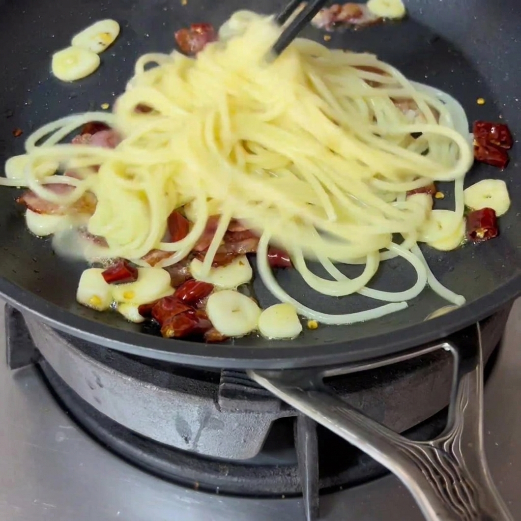 Spaghetti bolliti trasferiti con le pinze da una pentola a una padella con pancetta e aromi.