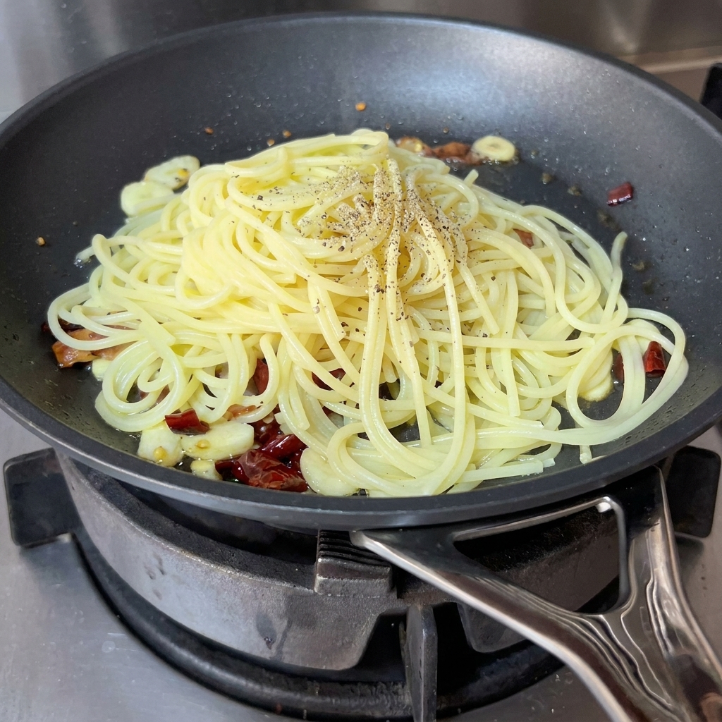 Una mano usa un macinapepe per aggiungere condimento su una padella di spaghetti, pancetta e peperoncino.