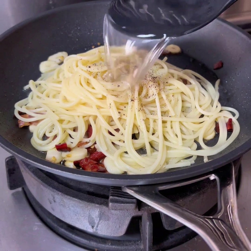 Un mestolo versa acqua di cottura torbida in una padella contenente spaghetti e pancetta.