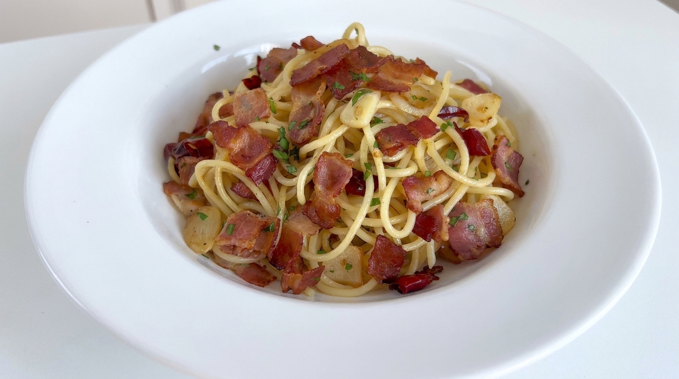Spaghetti classici aglio, olio e pancetta