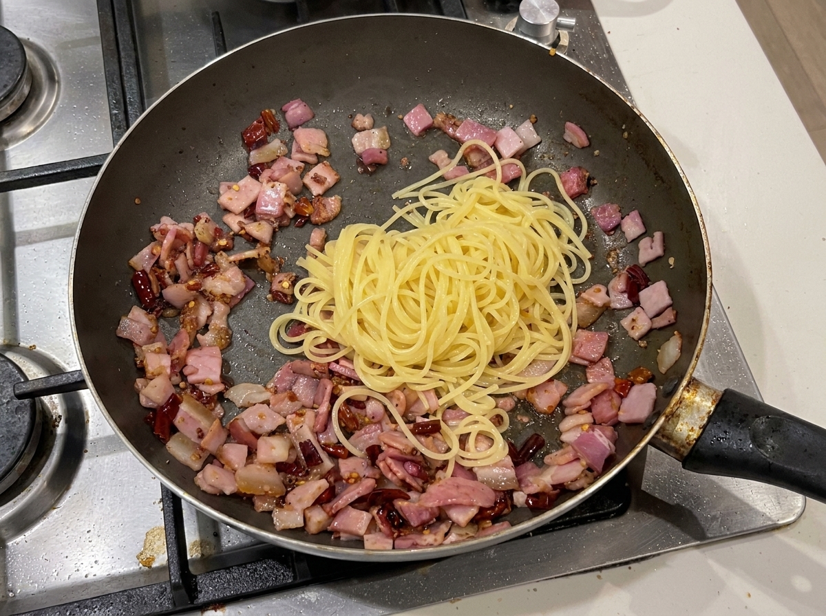 Spaghetti cotti adagiati su pancetta e peperoncino in una padella calda prima di essere saltati.