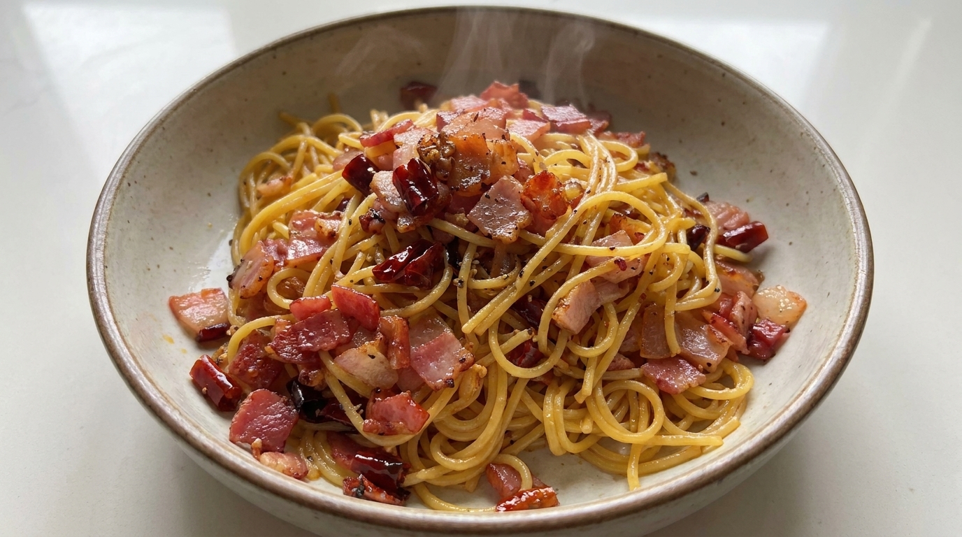Spaghetti aglio, olio e pancetta piccante