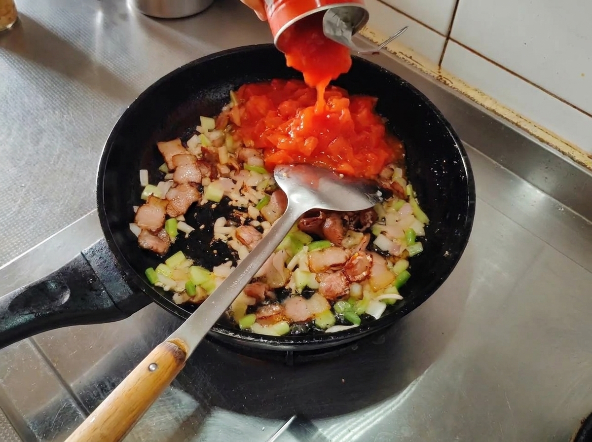 Pomodori a cubetti versati da una lattina in una padella con pancetta, scalogno e sedano.