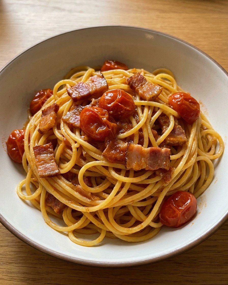 Pasta mantecata in padella con pancetta e pomodori, ricoperta da un sugo lucido.