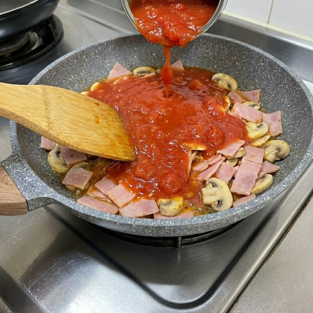 Polpa di pomodoro versata nella padella con pancetta e aglio.