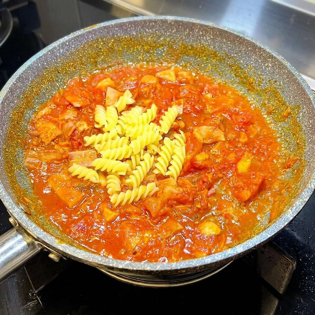 Fusilli cotti mescolati nel ricco sugo di pomodoro e pancetta.
