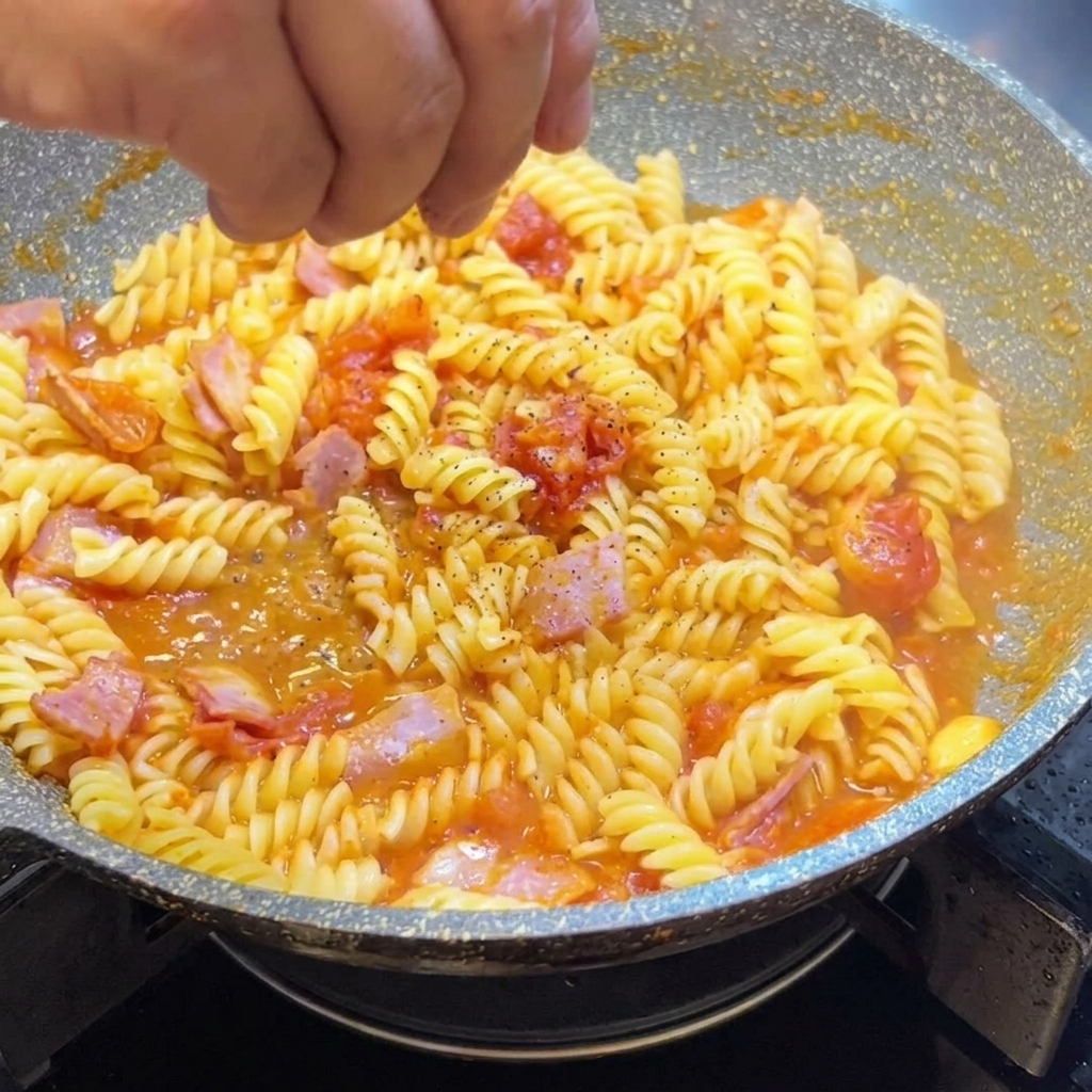 Padella di fusilli conditi con una spolverata di pepe nero fresco.