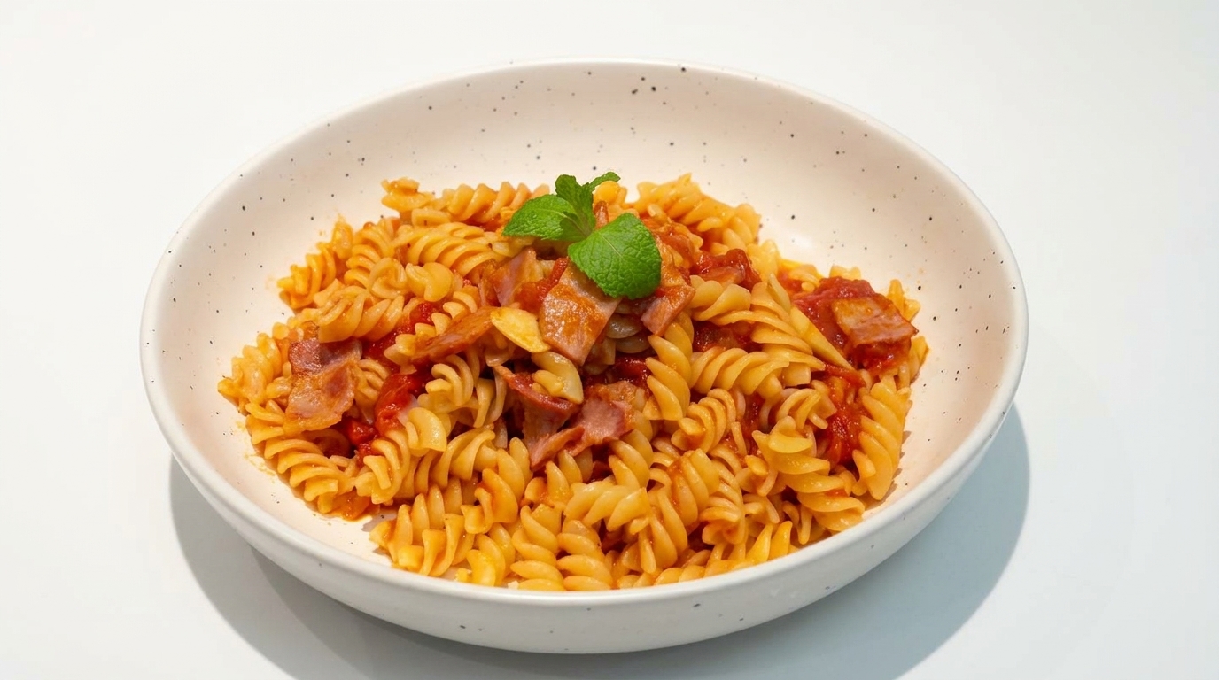Un piatto di fusilli al pomodoro e pancetta decorato con una fogliolina di menta fresca.