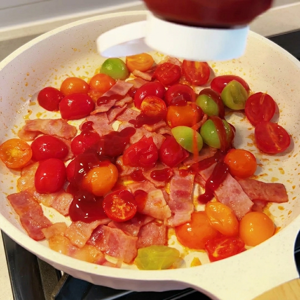 Passata di pomodoro aggiunta nella padella con pancetta e pomodorini.