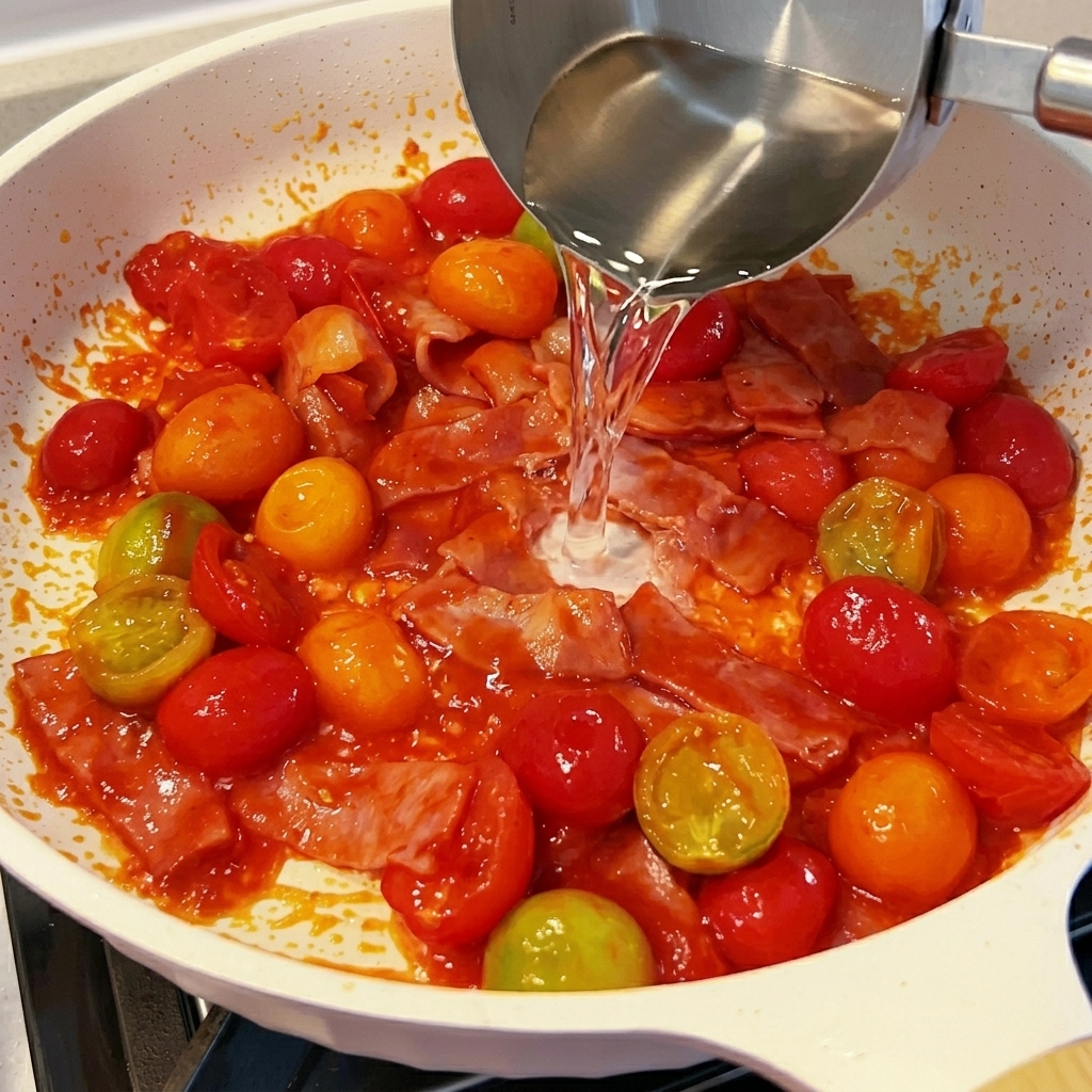 Acqua versata nella padella con pancetta e pomodorini cotti.