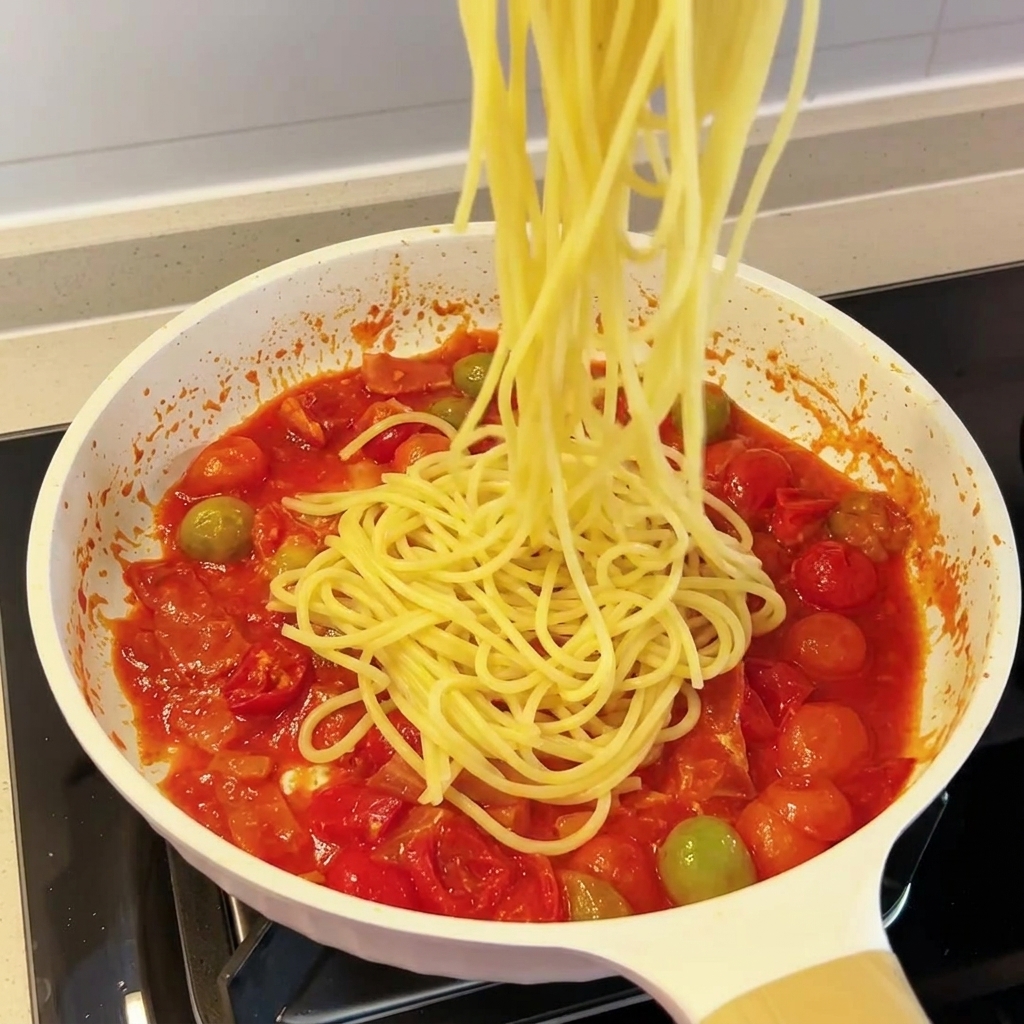 Spaghetti cotti mescolati alla salsa cremosa in padella.