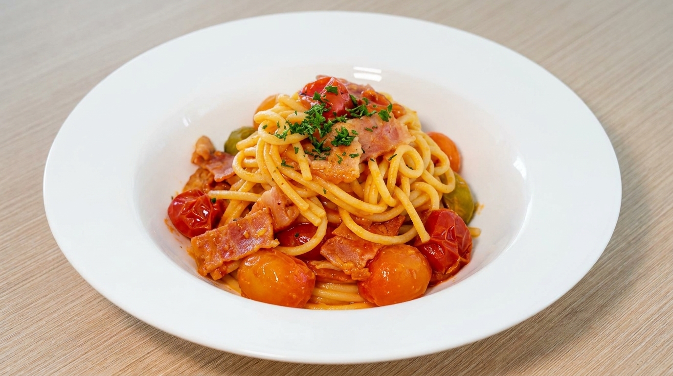 Spaghetti cremosi con pomodorini e pancetta