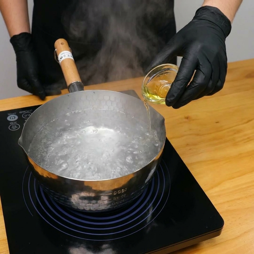 Penne a crudo che vengono versate in una pentola di acqua bollente.