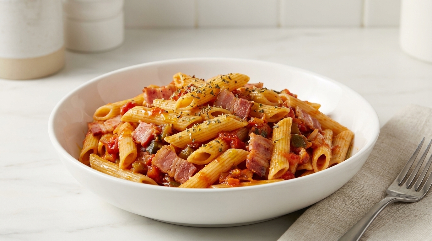 Una fumante scodella di penne avvolte in un ricco sugo rosso al pomodoro, con pezzetti di pancetta croccante e una spolverata di erbe aromatiche.