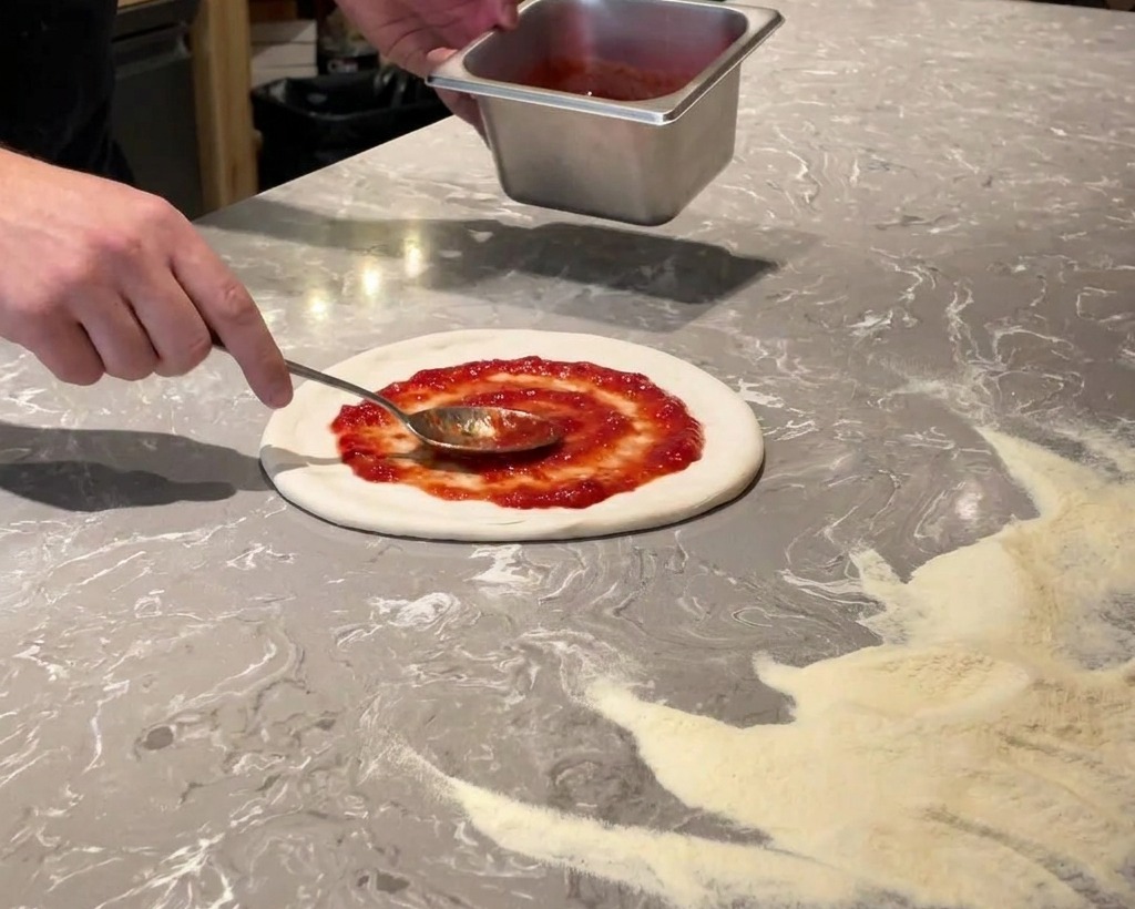 Un cucchiaio di metallo che spalma salsa di pomodoro rossa su un disco di impasto.