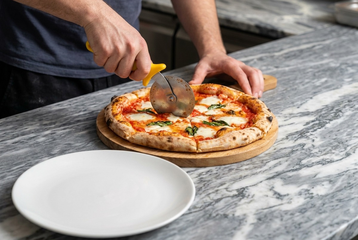 Base per pizza cruda guarnita con pezzi di mozzarella bianca e foglie di basilico verde fresco.