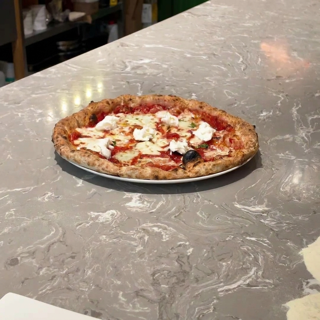 Mozzarella di bufala fresca strappata a mano su una base di pizza cotta.