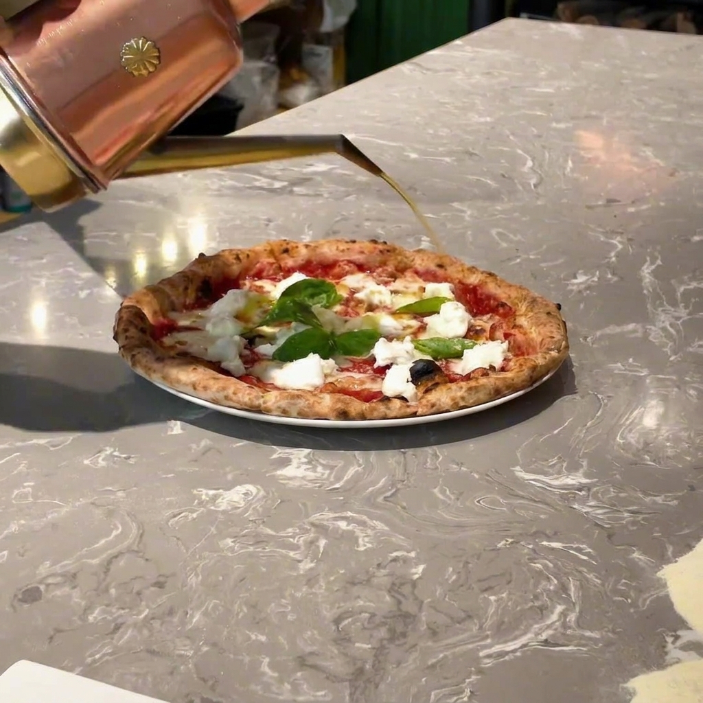 Olio doliva versato da un ampolla su una pizza guarnita con basilico e mozzarella.