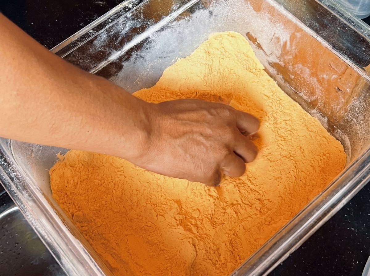 Panetto di impasto per pizza pressato in un contenitore con farina di mais gialla.