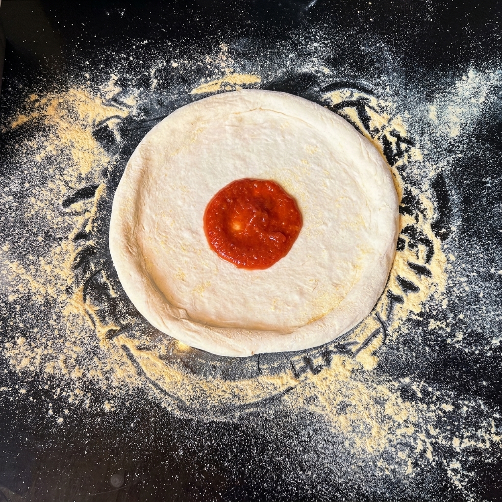 Base per pizza stesa con un generoso cucchiaio di passata di pomodoro al centro.