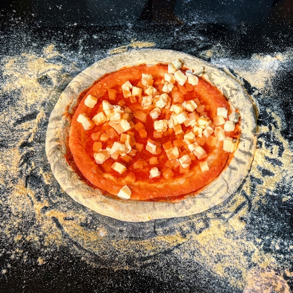 Base per pizza con pomodoro e mozzarella a cubetti sparsa uniformemente.