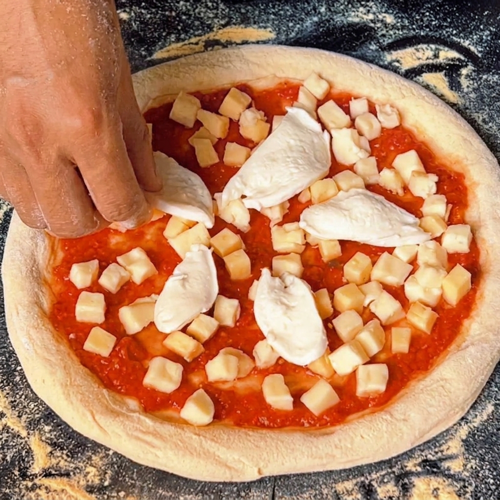 Mani che dispongono pezzi di mozzarella di bufala fresca strappata a mano sulla pizza.
