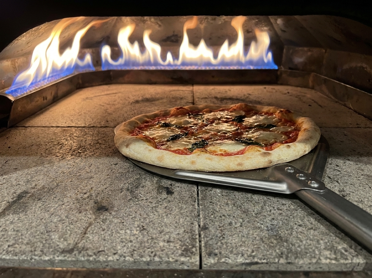 Pizza Margherita che cuoce vicino alle fiamme vive di un forno a legna.