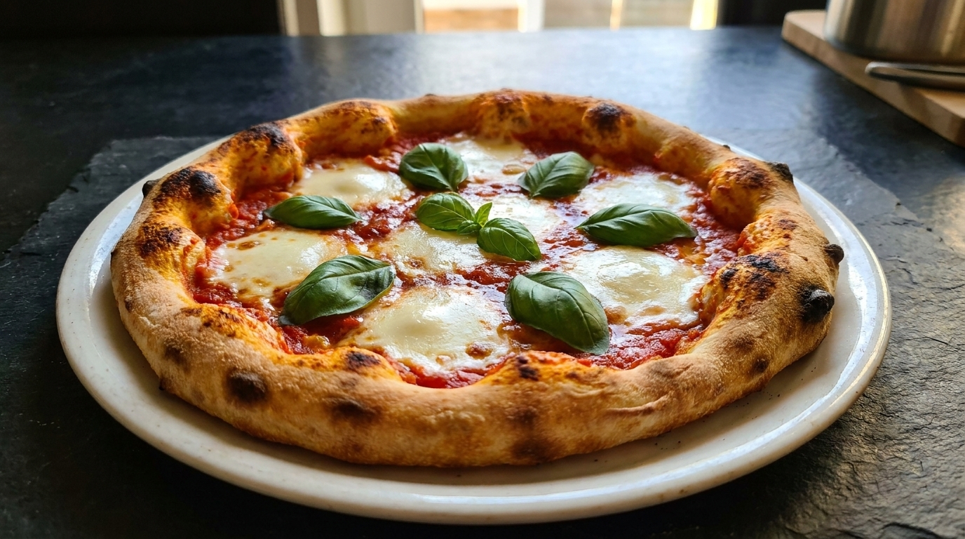 Una profumata pizza Margherita appena sfornata, con mozzarella filante, pomodoro e foglie di basilico fresco.