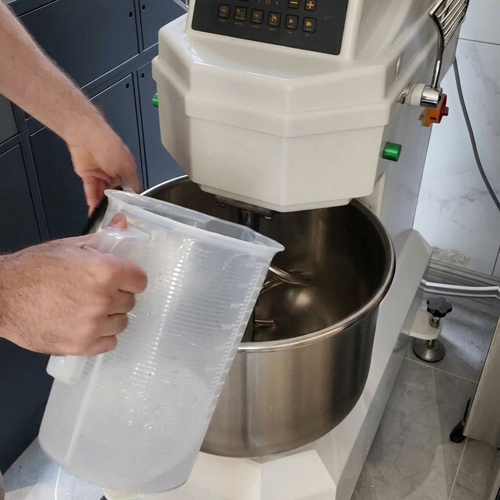 Un panetto di pizza che viene arrotondato con movimenti circolari per creare tensione superficiale.