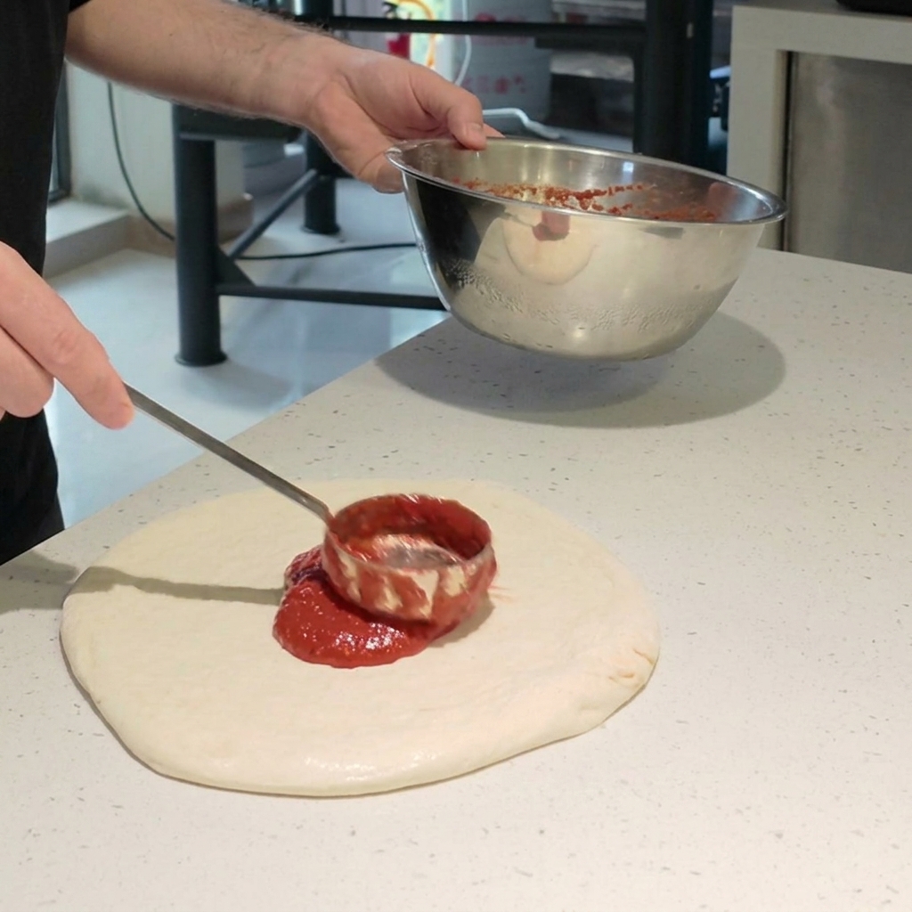 Pizza pronta per il forno guarnita con pezzi di mozzarella bianca e foglie di basilico verde.