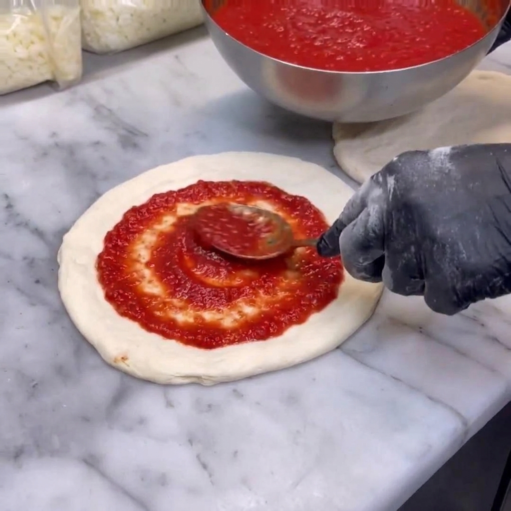 Un cucchiaio di salsa di pomodoro rosso vivo che viene stesa in modo uniforme su una base per pizza cruda sopra una superficie di marmo.