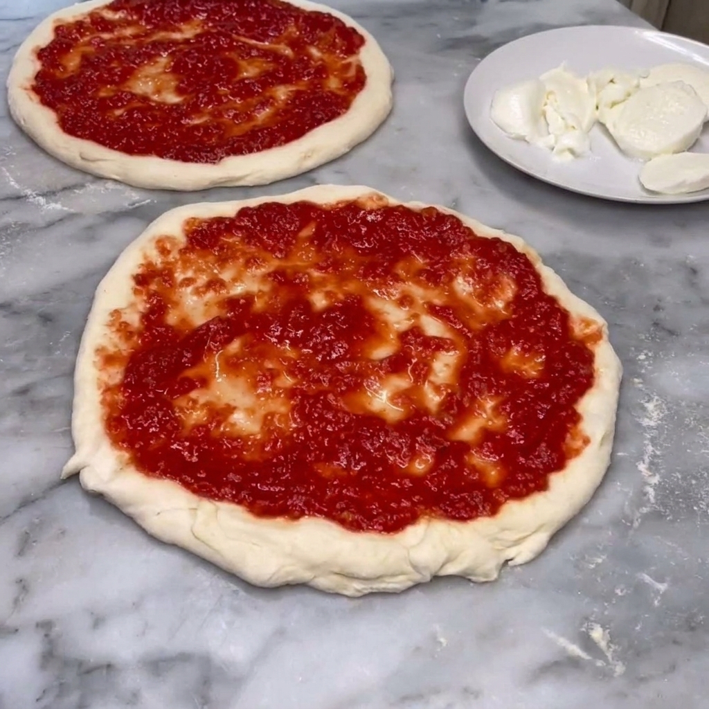 Parmigiano giallo grattugiato finemente che cade a pioggia su due basi per pizza già condite con il pomodoro.