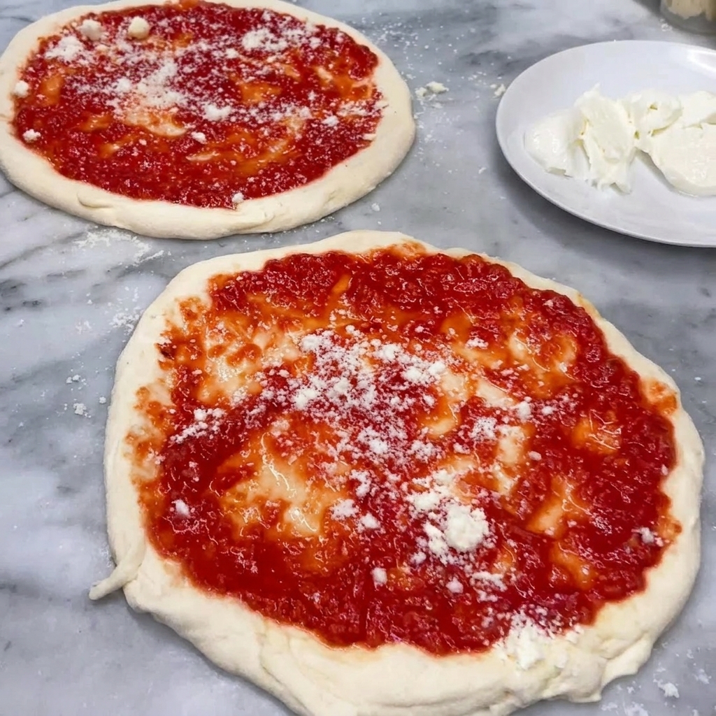 Foglie intere di basilico fresco verde posizionate con cura sullimpasto della pizza già condito con salsa e formaggio.