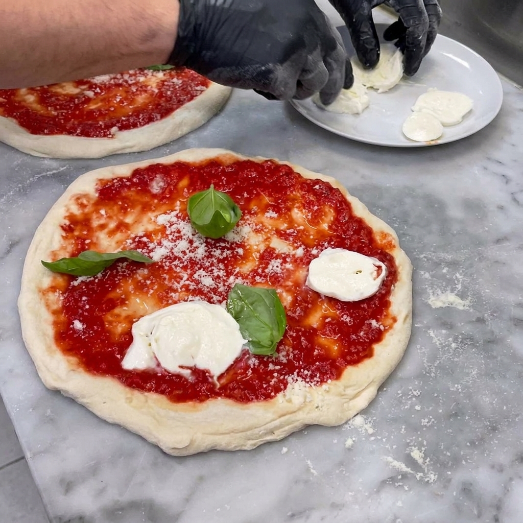 Fette di candida mozzarella di bufala distribuite con cura su una base per pizza.