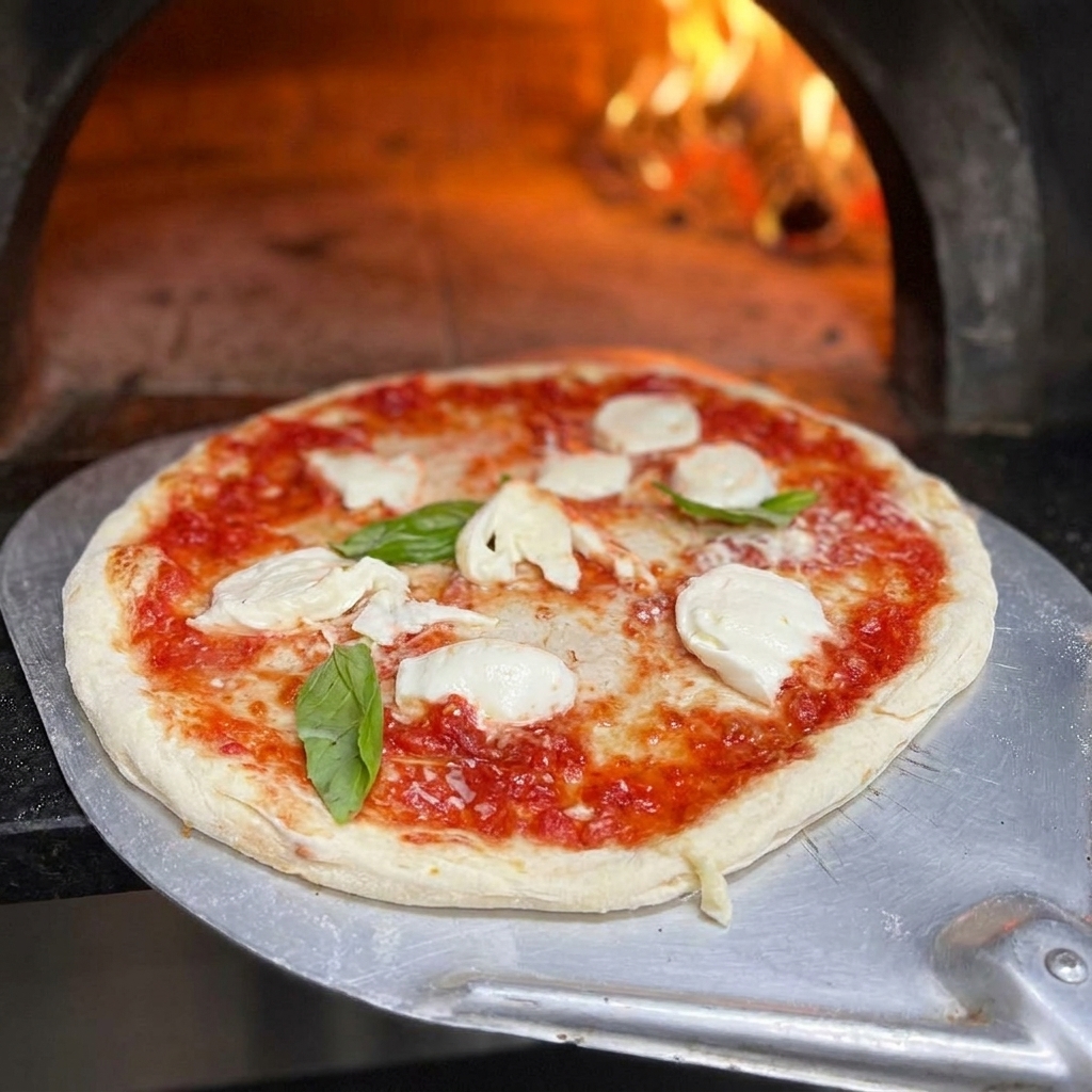Una pizza Margherita pronta per essere infornata nella bocca rovente di un forno a legna usando una pala di metallo.
