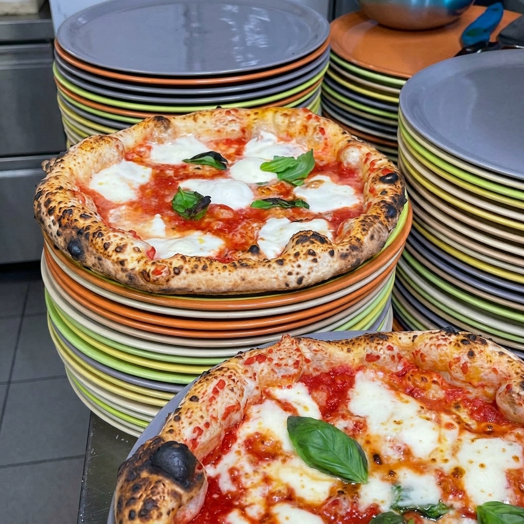 Foglie di basilico fresco verde sparse sulle pizze Margherita ancora fumanti.