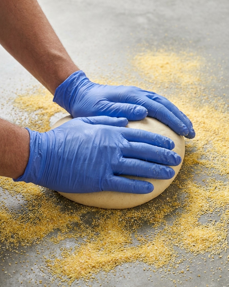 Una palla di impasto per pizza appiattita a mano su un piano infarinato.